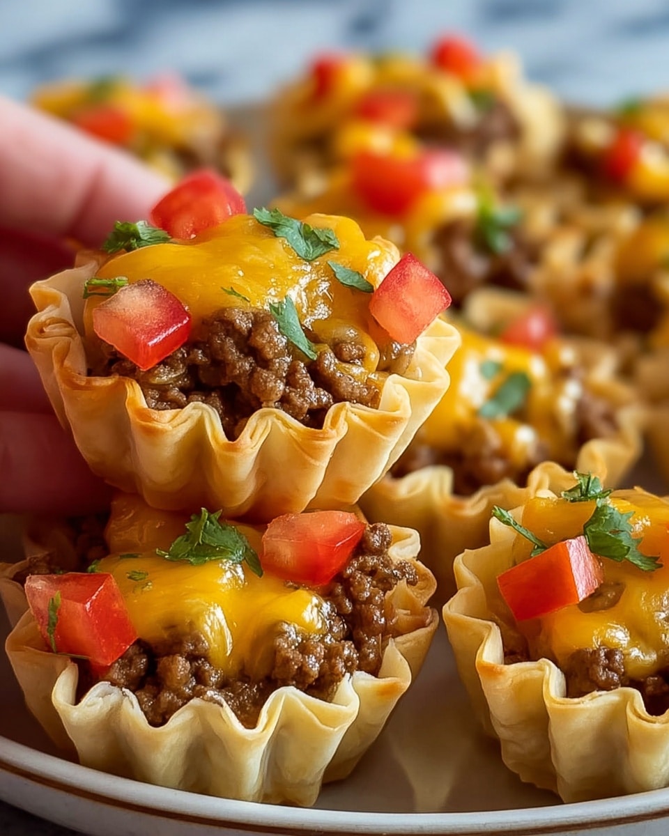 The image shows several mini taco cups on a white plate with a blue rim. Each cup has three visible layers: a golden brown crispy shell forming the base and sides, filled with a brown seasoned ground meat layer, topped with melted bright orange cheddar cheese and diced red tomatoes, with small green cilantro leaves sprinkled on top. The cups are tightly packed together, showing a mix of smooth melted cheese and juicy diced tomatoes nestled in each shell. The background features a white marbled texture, adding a clean and bright contrast. Photo taken with an iphone --ar 4:5 --v 7