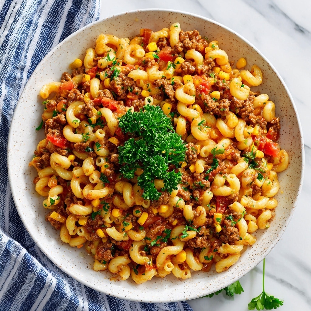 A close-up image showing a spoonful of macaroni pasta mixed with bright yellow corn kernels, red tomato sauce, and small green herb pieces. The macaroni is coated in a thick, glossy red sauce with visible chunks of tomato and bits of browned ground meat. The spoon, carrying the colorful mix, has a wooden texture and is held over a larger portion of the same saucy pasta dish, which fills the frame with warm red, yellow, and orange colors. The background is a white marbled texture. Photo taken with an iphone --ar 4:5 --v 7