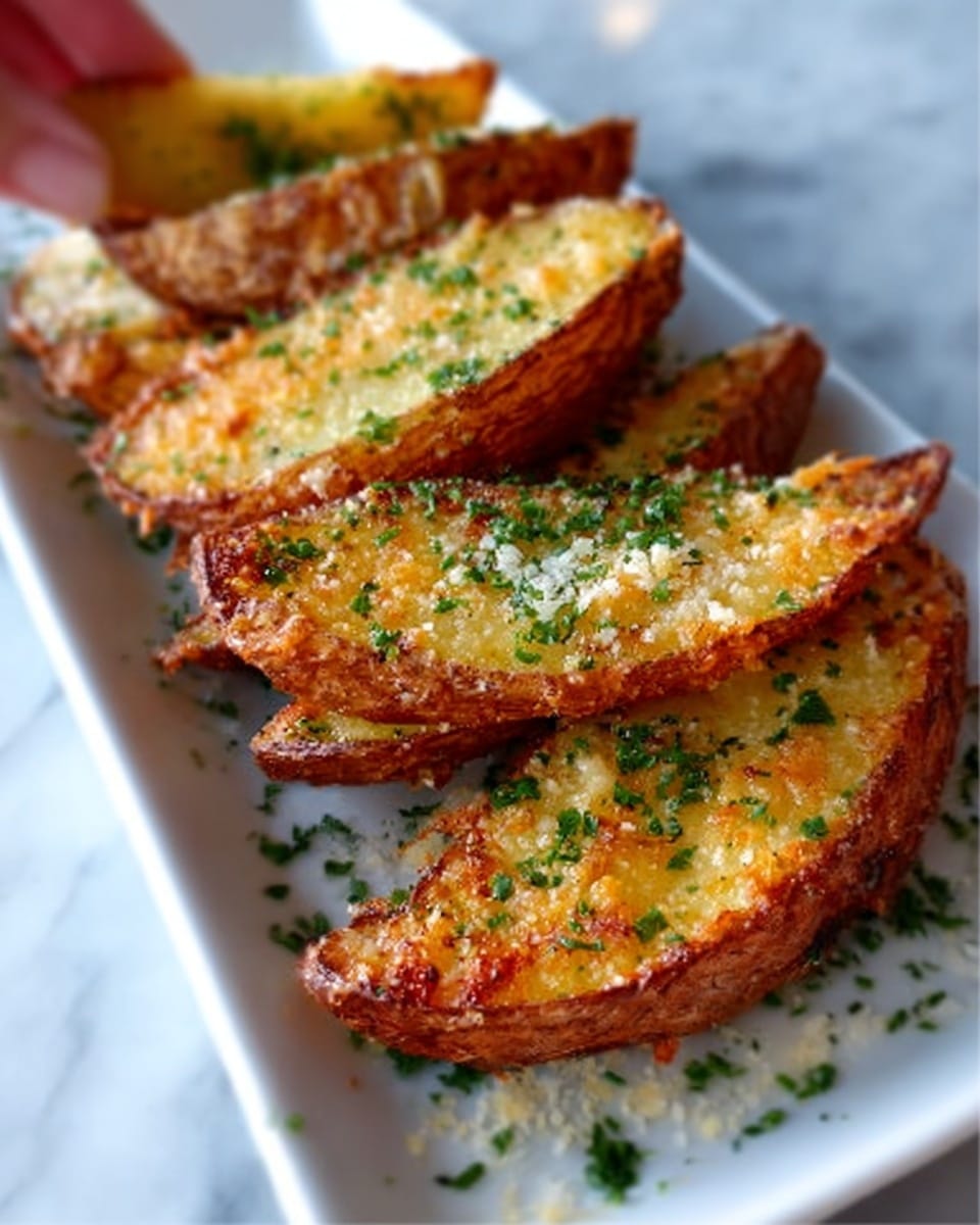 The dish shows a white rectangular plate filled with several crispy potato wedges. Each wedge has a golden brown, crunch-textured outer layer with small bits of toasted garlic, green parsley flakes, and a light sprinkle of white cheese dusted evenly over the surface. The wedges are piled closely, filling the plate, with some wedges showing a soft, orange-yellow inside visible at the edges. The background is a white marbled texture. photo taken with an iphone --ar 4:5 --v 7