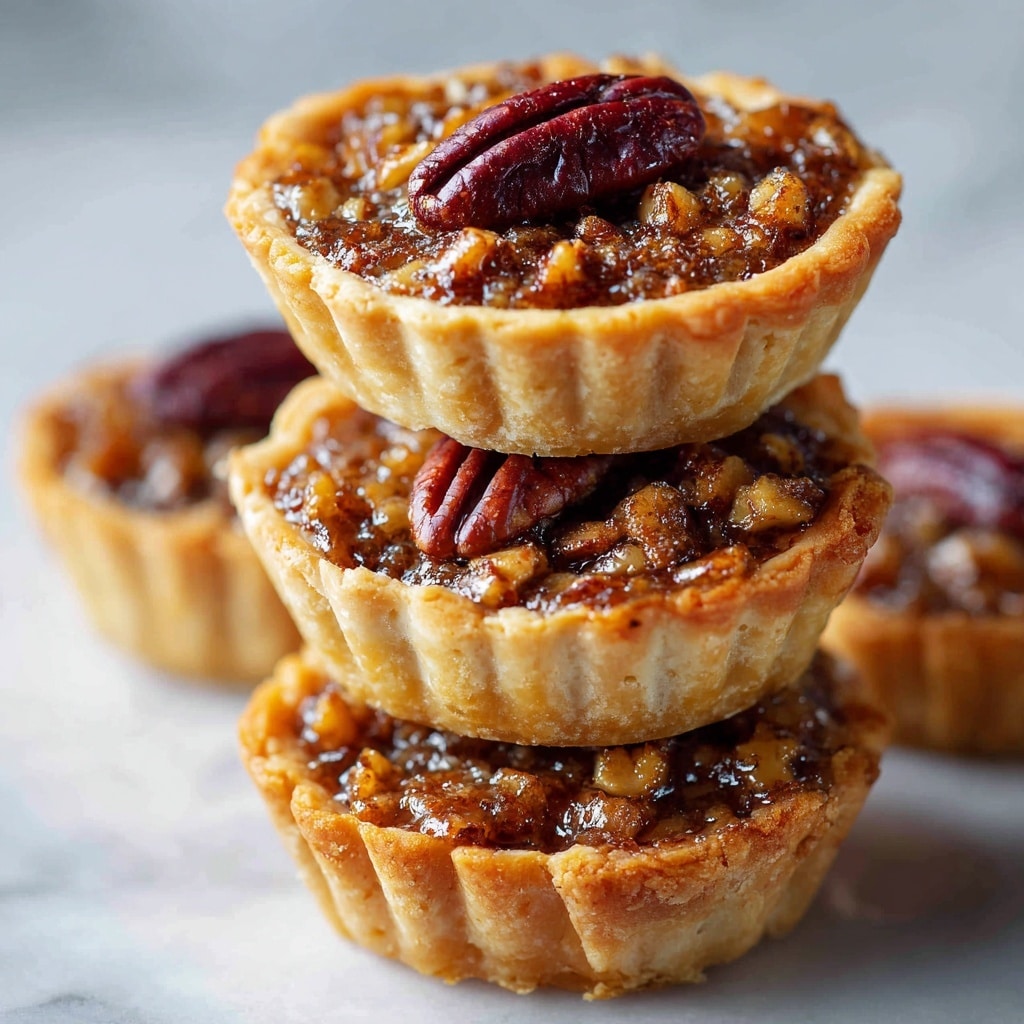 The image shows several mini pecan pies stacked together on a white marbled surface. Each pie has a golden-brown, flaky crust that forms a thick cup shape around a rich filling. The filling is a glossy, caramel color speckled with chopped pecans, giving it a textured and slightly crunchy appearance. On top of each pie sits a whole pecan half, slightly darker and highlighted with a sheen that makes it look fresh and nutty. The pies are close to each other, creating a cozy, inviting stack. The background is softly blurred with warm tones that keep the focus on the pies. photo taken with an iphone --ar 4:5 --v 7