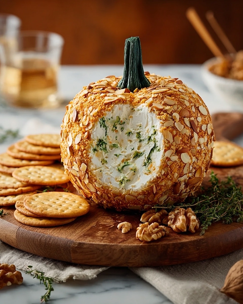 A round cheese ball shaped like a small pumpkin sits on a wooden round board, made with two main layers: the inside creamy white cheese layer mixed with green herbs, and the outside layer coated with crushed light brown nuts and thin almond slices, creating a rough texture; a short dark greenish pumpkin stem tops the cheese ball for decoration. Around the cheese ball, there are two stacks of round crackers in distinct light and dark golden browns, some whole walnuts, and a few sprigs of fresh green herbs scattered on the wooden board. The background is a soft blurred setting with warm tones, and the whole scene is placed on a white marbled surface covered partly with a beige cloth. photo taken with an iphone --ar 4:5 --v 7