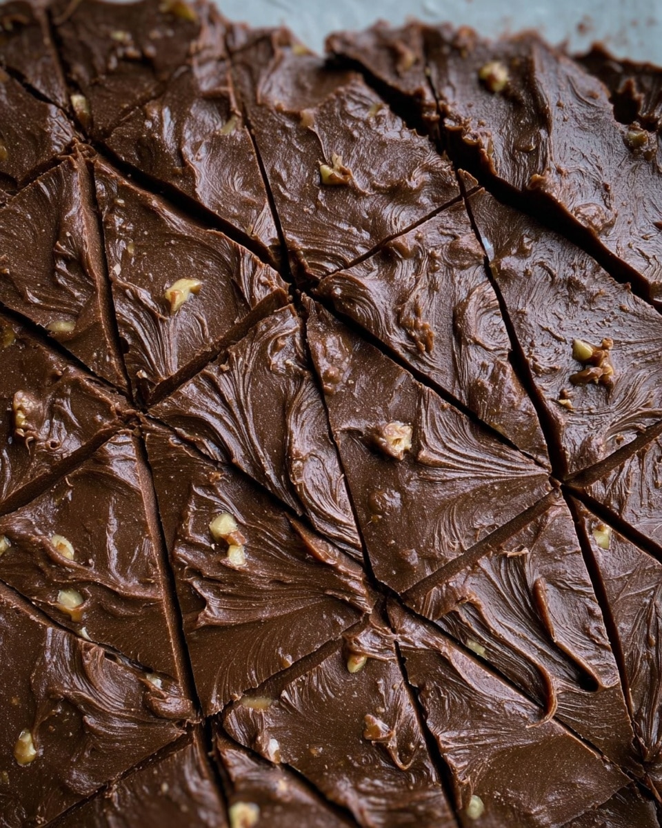 The image shows a close-up view of a large sheet of chocolate fudge with visible nuts inside. The fudge is cut into multiple diamond-shaped pieces, revealing a dense, smooth texture with swirled patterns on the surface. The color is rich dark brown with small chunks of nuts scattered throughout the thick layer. The background is a white marbled texture, adding brightness to the dark chocolate piece. photo taken with an iphone --ar 4:5 --v 7
