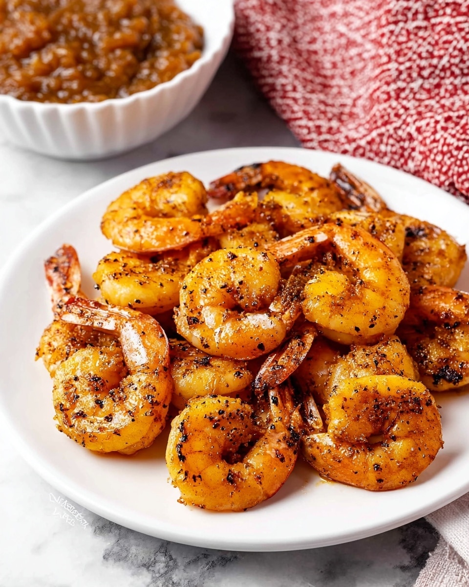 A white plate holds about a dozen cooked shrimp, arranged in a casual pile. The shrimp have a golden-orange color with some charred black spots from cooking, giving them a slightly crispy texture. They appear seasoned with black pepper, adding small dark specks all over. The tails are still on some shrimp, showing a slightly reddish hue. In the background, there is a white bowl partially visible filled with a chunky reddish-brown sauce, and a folded red and white cloth napkin lies next to it on a white marbled surface. photo taken with an iphone --ar 4:5 --v 7
