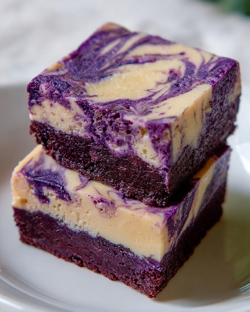 Two square pieces of dessert are stacked on a white plate with soft edges, placed on a white marbled surface. Each piece has two layers: the bottom layer is thick and dark purple with a moist, dense texture, while the top layer is thin and creamy beige with purple swirls blending into it. The contrast between the dark purple and light beige colors creates a marbled effect on the top, showing a smooth finish with some texture visible within the swirls. Photo taken with an iphone --ar 4:5 --v 7