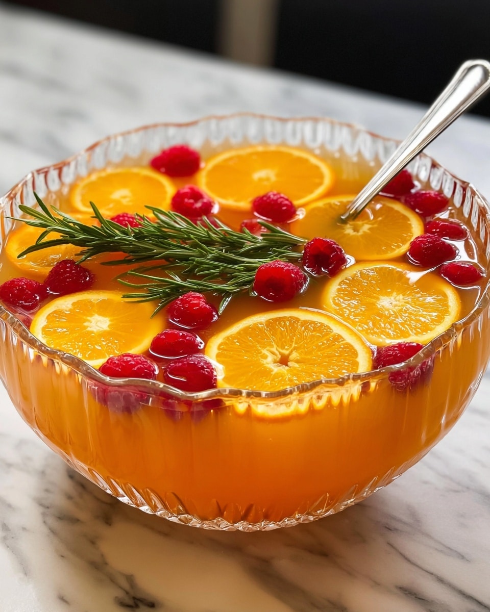 A clear glass bowl with a scalloped edge is filled with a bright orange liquid base. Floating on the top layer are several round, thin orange slices evenly spread out, along with small red raspberries scattered in between. A fresh green rosemary sprig lies diagonally across the orange slices on the surface. Around the edge of the bowl, more orange slices and raspberries are pressed against the glass, showing through the liquid. A silver serving spoon is resting inside the bowl. The bowl sits on a white marbled surface. photo taken with an iphone --ar 4:5 --v 7