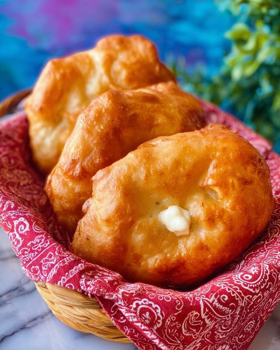 The image shows a basket lined with a red cloth with white patterns, filled with five pieces of golden brown fried bread. Each piece is thick and puffy with a slightly uneven, crispy surface that looks soft inside. The basket sits on a white marbled surface, and the background is softly blurred with hints of blue and white. photo taken with an iphone --ar 4:5 --v 7