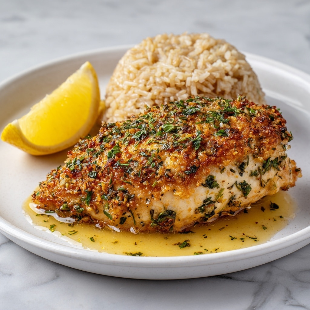 A white plate holds a golden brown, herb-crusted chicken breast as the main layer, with visible green herbs embedded in the crispy surface and a shiny, light yellow sauce drizzled over it. On the left side of the chicken, a bright yellow lemon wedge rests, showing juicy flesh and a slightly glossy texture. To the right of the chicken, a mound of light beige cooked brown rice with a soft and slightly fluffy texture completes the dish. The plate sits on a white marbled texture surface. photo taken with an iphone --ar 4:5 --v 7
