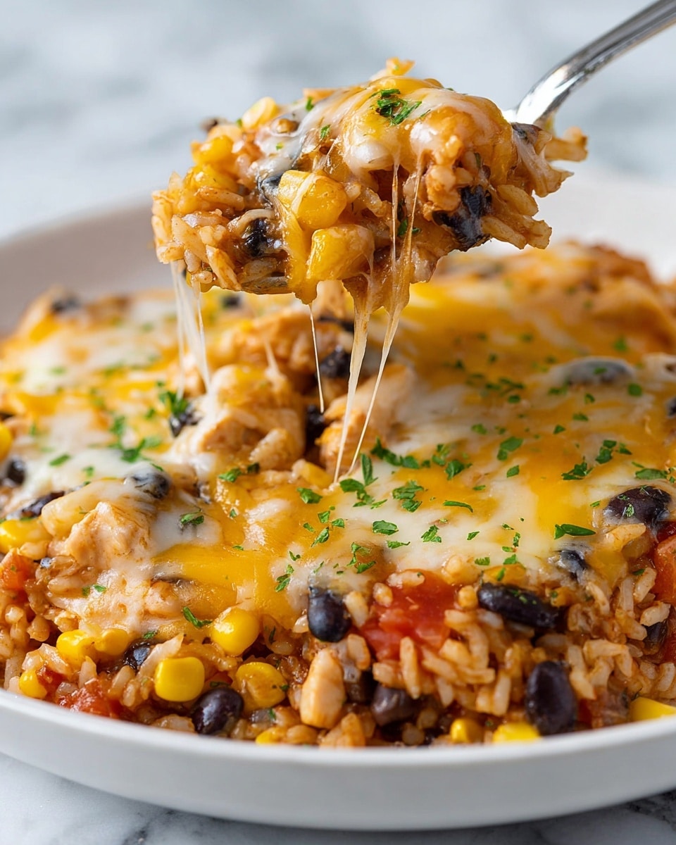 A close-up view of a dish served on a white plate, showing a mix of cooked rice, black beans, corn, diced tomatoes, and bits of chicken, all covered with melted yellow and white cheese on top. The cheese is stringy and gooey, stretching as a silver spoon lifts a bite, revealing the layered ingredients underneath. Small green herb sprinkles garnish the top, adding color contrast over the textured mix of rice and vegetables on a white marbled surface. photo taken with an iphone --ar 4:5 --v 7