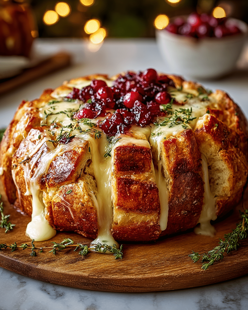 A round loaf of bread with a golden-brown crispy crust is cut into thick vertical slices, with creamy melted cheese oozing out between each slice. On top of the cheese and bread, there are small clusters of bright red cranberry sauce and sprigs of fresh green thyme scattered evenly. The loaf sits on a wooden board with some thyme sprigs around it, and the background shows soft warm lights and blurred bowls of cranberries, all on a white marbled texture. photo taken with an iphone --ar 4:5 --v 7