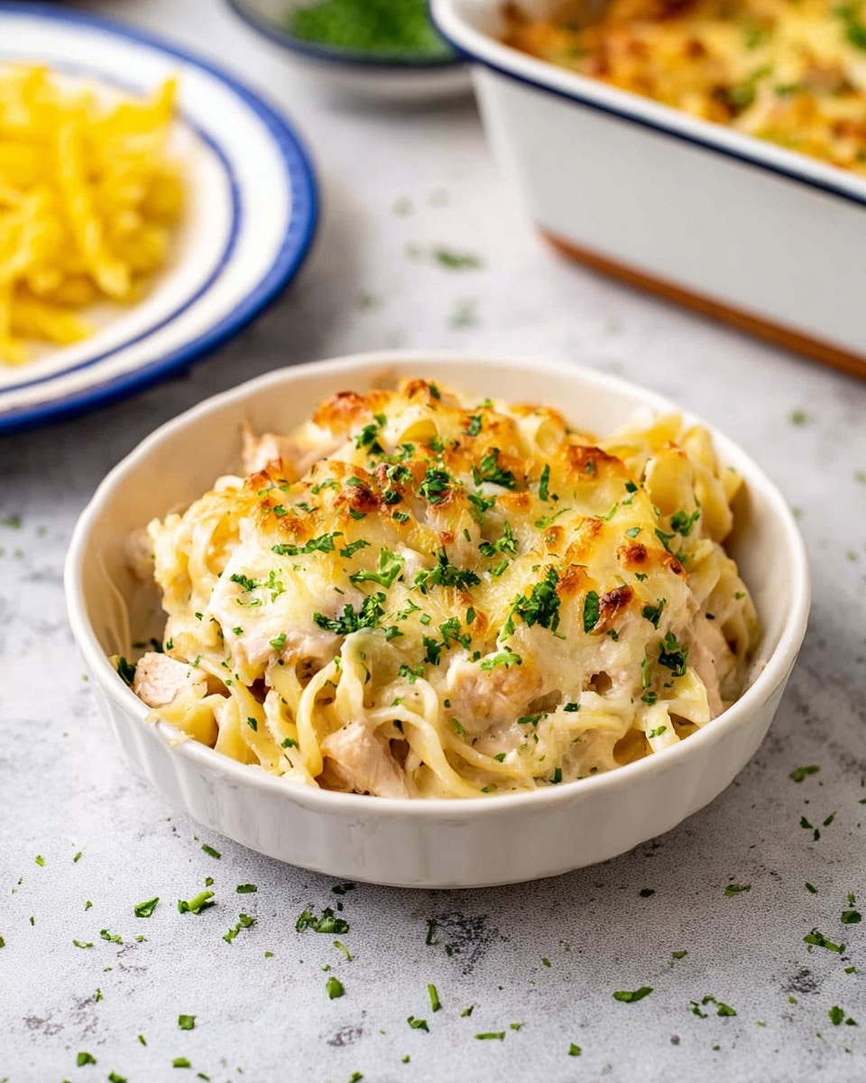 A white bowl filled with creamy baked pasta layered with thick noodles mixed with pieces of cooked chicken, covered by a golden-brown melted cheese topping, sprinkled with chopped green herbs all over. The bowl sits on a white marbled texture surface with scattered small green herb bits around. In the background, a white baking dish with more pasta is partially visible, along with a hint of uncooked yellow pasta on a white plate with a blue rim. Photo taken with an iphone --ar 4:5 --v 7