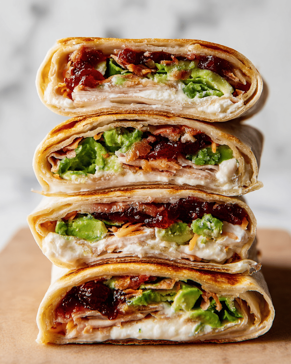 The image shows a stack of four folded tortilla wraps cut in half to reveal their inside layers. Each wrap has a soft, light beige tortilla as the outer layer. Inside, there is a thick white layer of mashed potatoes followed by a dark red layer of cranberry sauce. Scattered green beans add a fresh green color in between the layers. Some shredded turkey and small brown stuffing pieces are also visible within the wraps. The wraps are stacked on a wooden board with a clean white marbled texture in the background. photo taken with an iphone --ar 4:5 --v 7
