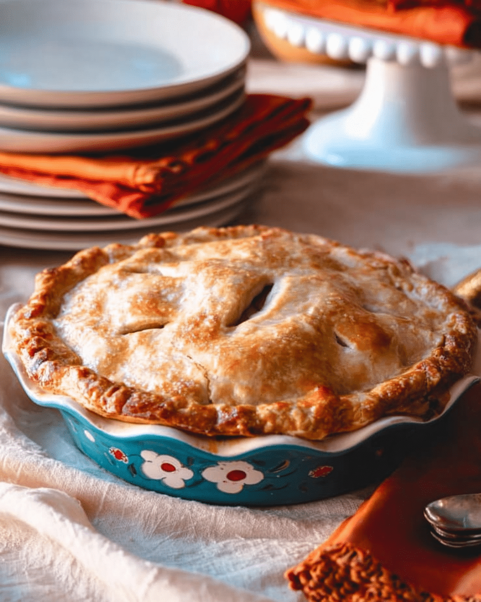 A round pie with a golden-brown crust sits in a blue pie dish decorated with white flowers and small red dots. The crust has three slits on top, showing a flaky texture with slightly uneven edges. The dish rests on a soft, light-colored fabric with folded orange napkins and a stack of white plates next to it. The blurred background shows more plates and a white cake stand with an orange napkin on top. The overall scene feels warm and cozy with soft lighting. Photo taken with an iphone --ar 4:5 --v 7