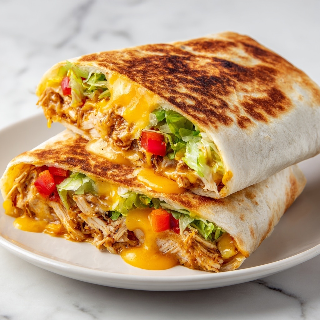 The image shows a close-up of two halves of a toasted wrap placed on a white plate, resting on a white marbled surface; the wrap is golden brown with some darker grill marks on the outside. Inside, there are several layers: shredded cooked chicken with a light brown color, melted yellow-orange cheese dripping slightly, fresh green lettuce, and small chunks of bright red bell pepper. The wrap is folded tightly and cut to show all the colorful layers inside, with some cheese sauce visibly oozing around the edges. photo taken with an iphone --ar 4:5 --v 7