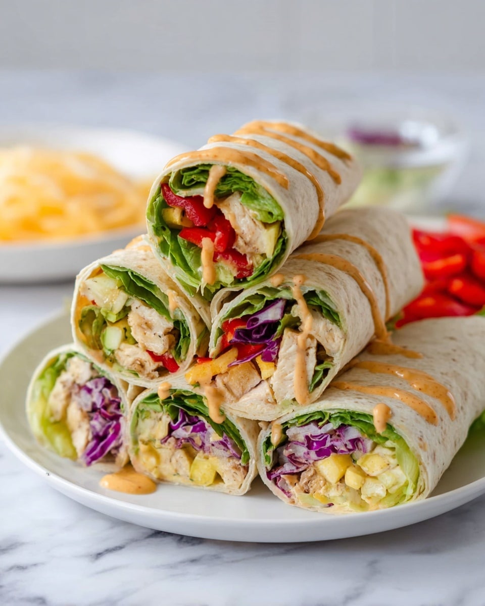 A stack of five rolled wraps sits on a white plate over a white marbled surface. Each wrap has three layers visible from the open ends: the outer soft, light beige tortilla, a fresh green leafy lettuce layer just inside, and a colorful inside filling made of red bell peppers, purple cabbage, light yellow cheese, and diced chicken pieces. A creamy orange sauce is drizzled over the top pair of wraps. In the blurred background, there is a white plate with shredded light yellow cheese and chopped red vegetables. photo taken with an iphone --ar 4:5 --v 7