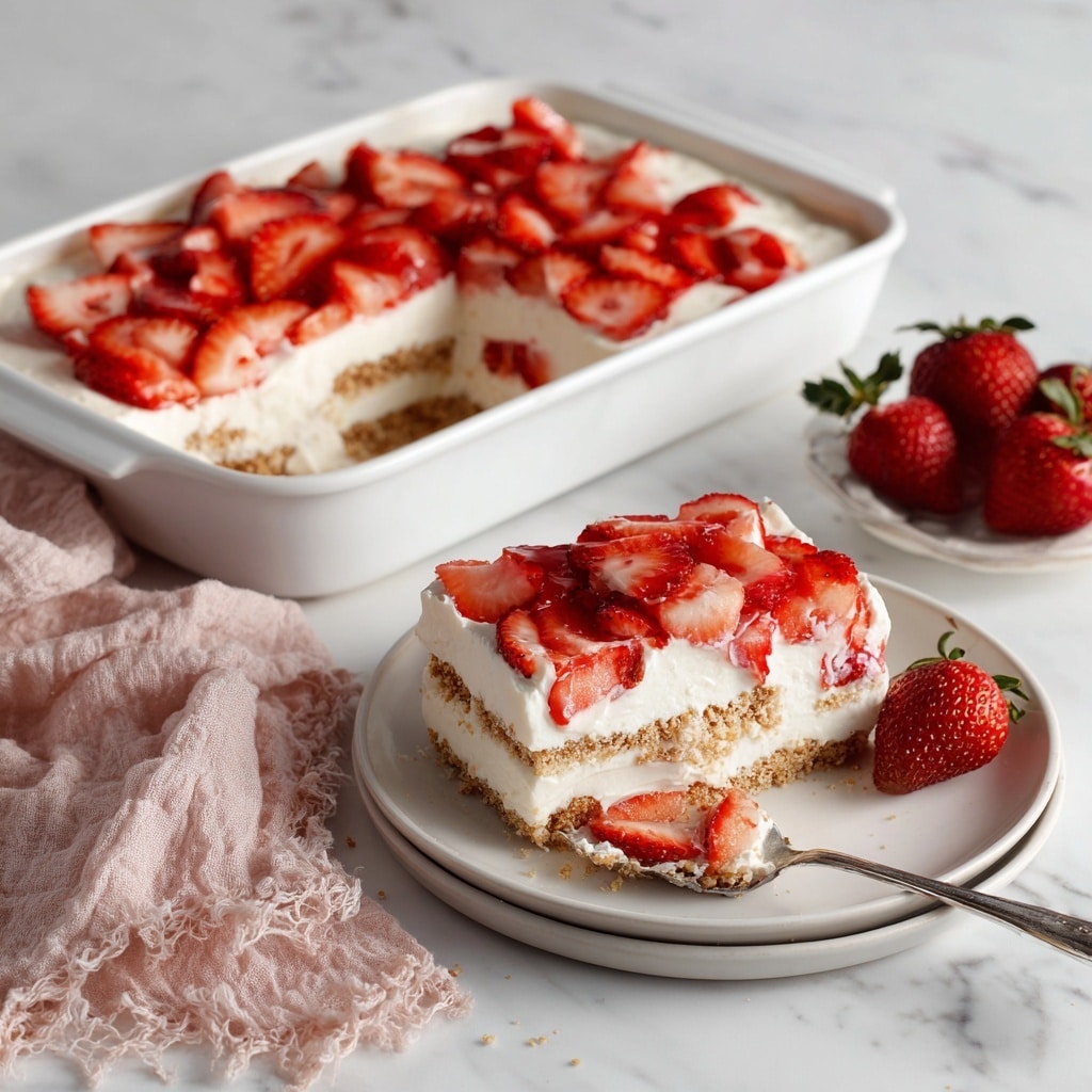 This image shows a white rectangular baking dish filled with a layered strawberry dessert. The bottom layer is pale, crumbly crust, topped with a thick white cream layer that looks smooth and soft. The top layer is bright red, sliced fresh strawberries spread unevenly over the cream. Next to the dish, on a white plate, is a square serving of the dessert with all three layers visible, along with strawberry pieces on the plate. A fork with some cream and strawberry pieces rests on the plate. The dish and plate sit on a white marbled surface with a light pink textured cloth folded beside them. photo taken with an iphone --ar 4:5 --v 7