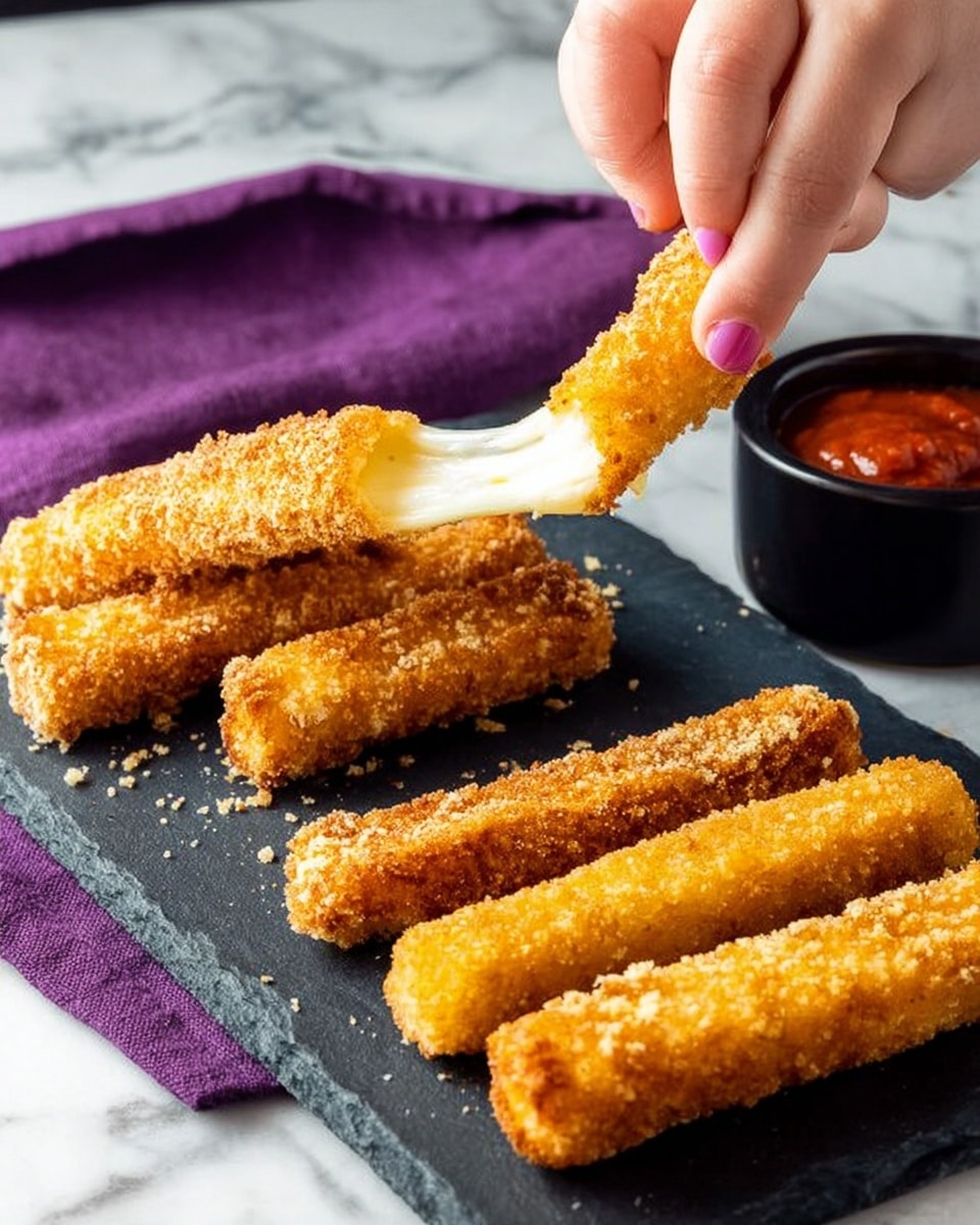A woman’s hands are pulling apart a crispy golden-brown mozzarella stick, showing melted white cheese inside. Below, three more mozzarella sticks with a crunchy, golden coating lie in a row on a dark slate plate. To the right, a small black bowl holds a red dipping sauce. The scene is set on a white marbled surface with a folded purple cloth next to the plate. Photo taken with an iphone --ar 4:5 --v 7
