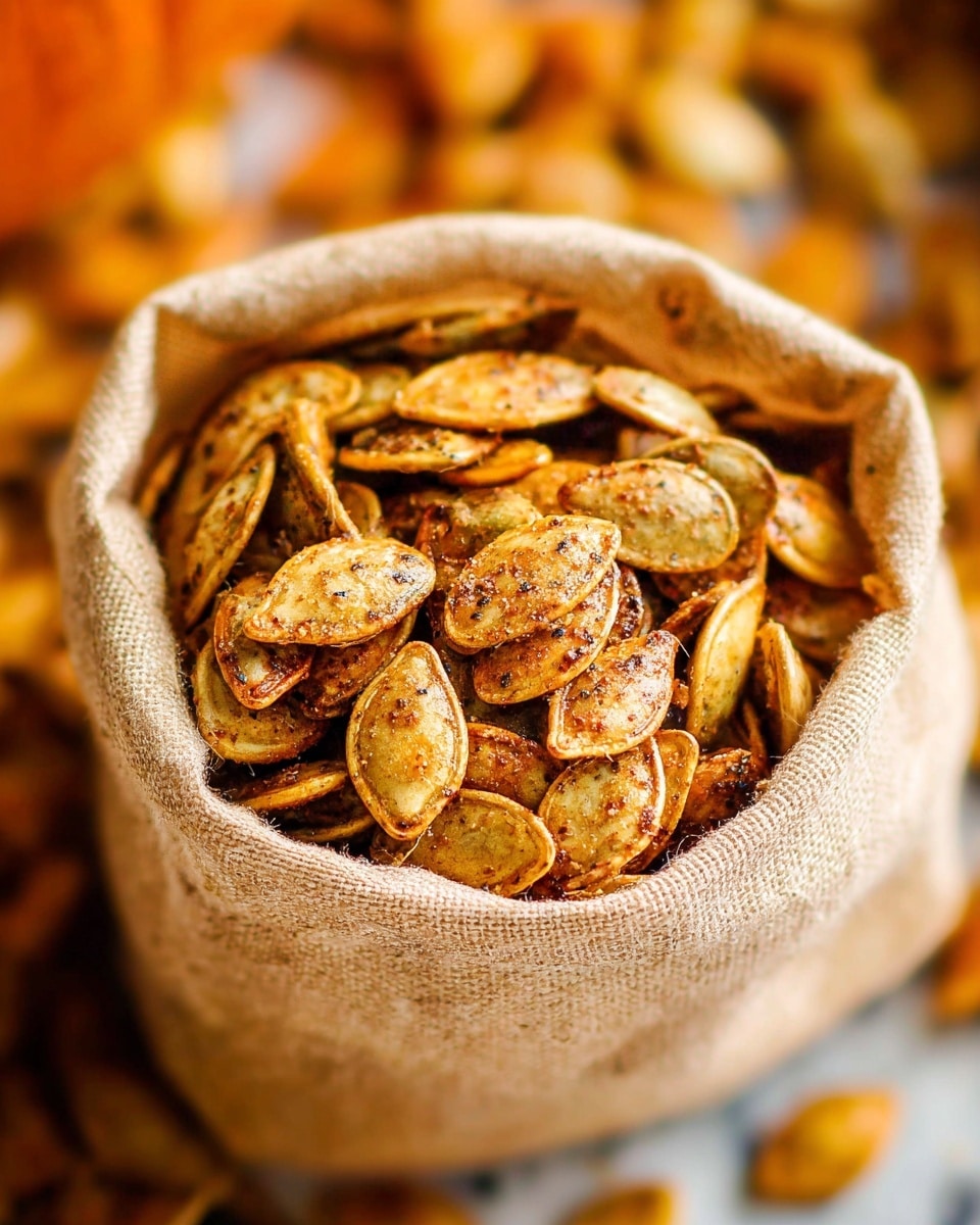 A close-up view of a rectangular metal tray filled with one even layer of roasted pumpkin seeds, light tan in color with darker brown seasoning sprinkled all over, giving a textured look. The tray sits on a white marbled surface with part of a gray and white striped cloth on the left side and two small pumpkins in the top right corner. Below the tray, on the bottom right, there is a small white bowl filled with orange-brown powder and a white bowl with white granulated sugar beside it. Photo taken with an iphone --ar 4:5 --v 7