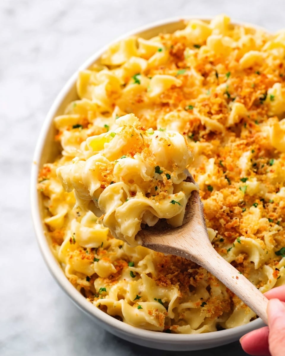 The image shows a close-up of a bowl filled with creamy macaroni and cheese. The pasta is yellow with a smooth, cheesy texture covering each curly noodle, and sprinkled with small bits of green herbs. On top, there is a light layer of crispy brown crumbs adding a rough texture contrast. A white wooden spoon, held by a woman's hand, scoops some pasta out from the bowl. The bowl is white and sits on a white marbled surface, giving a clean and bright look to the scene. photo taken with an iphone --ar 4:5 --v 7