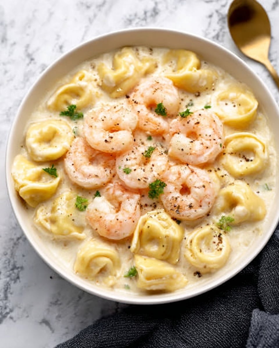The image shows a white bowl filled with creamy pasta and shrimp. The pasta appears soft and yellowish, each piece shaped like folded mini pillows, evenly covered in a smooth white creamy sauce. On top, six pink shrimp sit, curled and slightly translucent, sprinkled with small green herb pieces and a little black pepper. The bowl is placed on a white marbled surface, and a dark cloth is seen to the right side. photo taken with an iphone --ar 4:5 --v 7