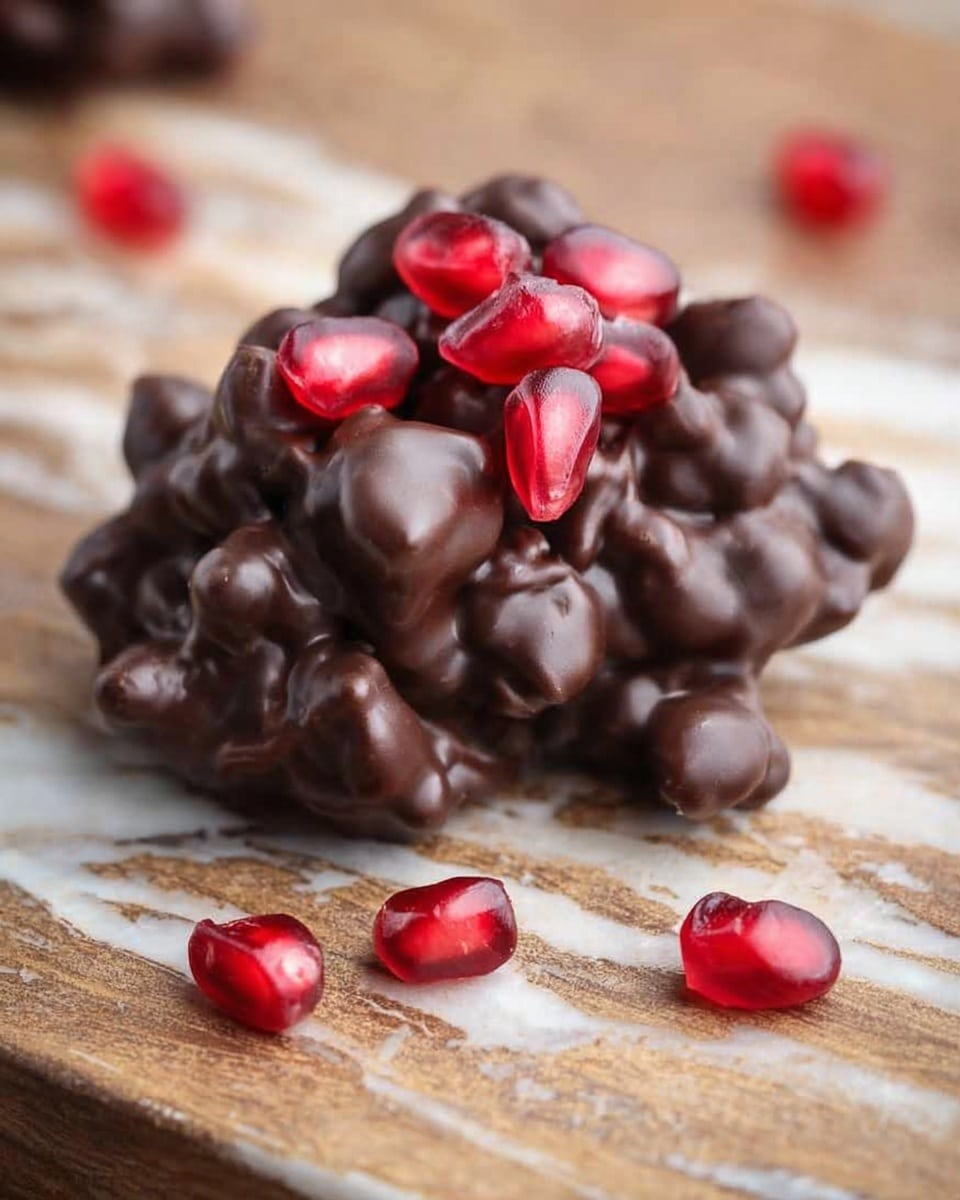 A piece of dark chocolate cluster sits on a wooden surface, formed of rough, uneven lumps with a shiny, smooth coating. On top, several bright red, glossy pomegranate seeds are placed, adding a vibrant contrast to the deep brown chocolate. Around the cluster, scattered individual pomegranate seeds create a natural, casual look, while the chocolate’s texture appears thick and slightly glossy with small ridges and bumps. The wooden surface beneath is light brown and textured, providing a warm rustic background for the rich dessert. photo taken with an iphone --ar 4:5 --v 7