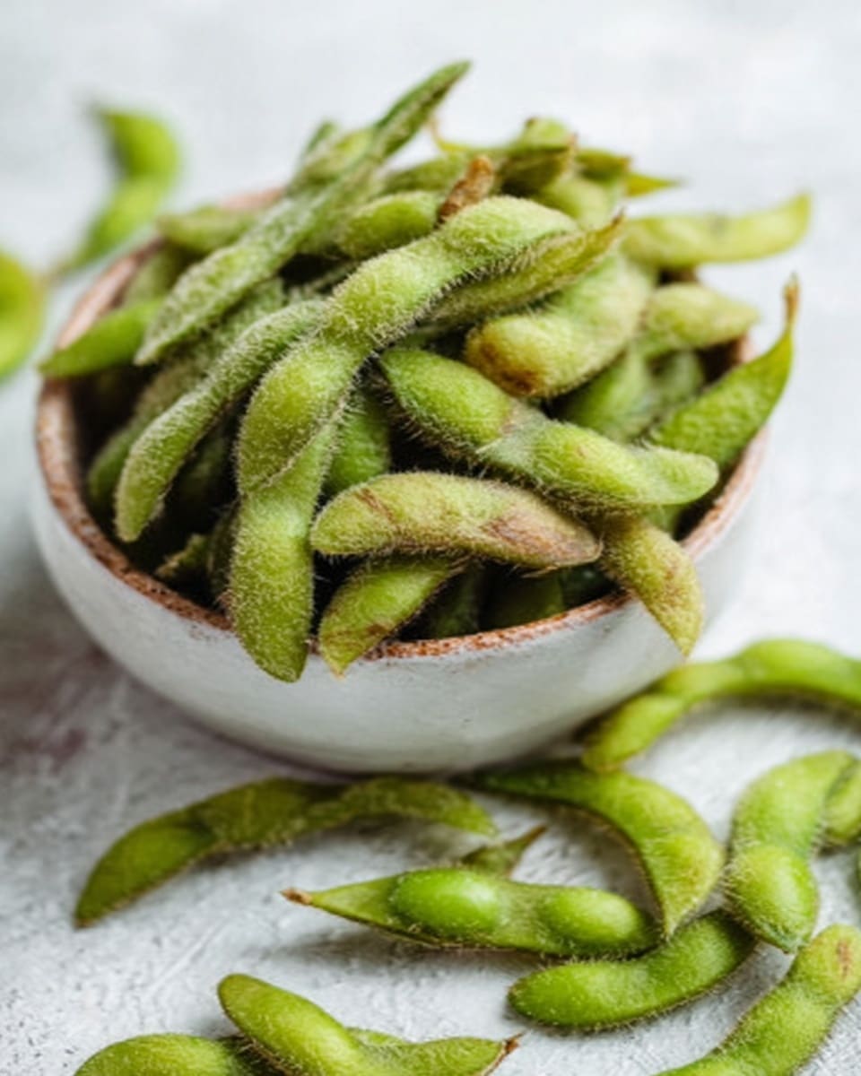 A white square bowl filled with bright green edamame pods, some sprinkled with coarse salt, creating a textured look on the pods. The bowl sits on a white marbled surface, with a few loose edamame pods and some shelled green beans scattered around it, adding a natural and fresh feel. The overall lighting is soft and natural, highlighting the freshness and slight sheen on the edamame pods. photo taken with an iphone --ar 4:5 --v 7