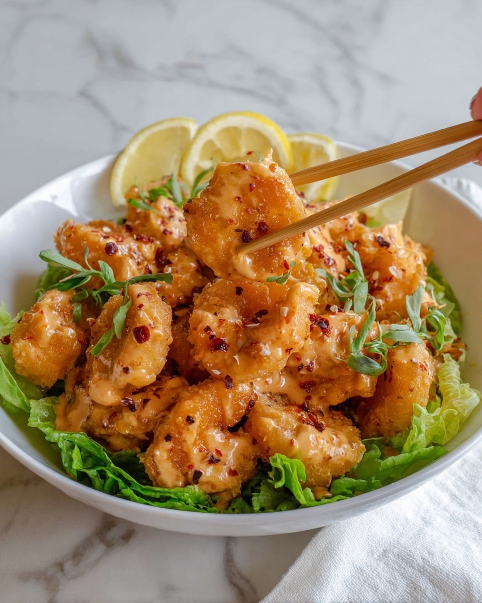 A white bowl holds a bed of fresh green lettuce leaves, topped with a generous layer of golden-brown fried shrimp coated in a creamy orange sauce with visible black pepper and red chili bits. The shrimp pile is garnished with small green herb leaves and accompanied by two lemon wedges placed on the side. A pair of light brown chopsticks, held by a woman's hand, lifts one shrimp from the pile, showing its crispy texture and creamy sauce. The background features a white marbled texture. photo taken with an iphone --ar 4:5 --v 7