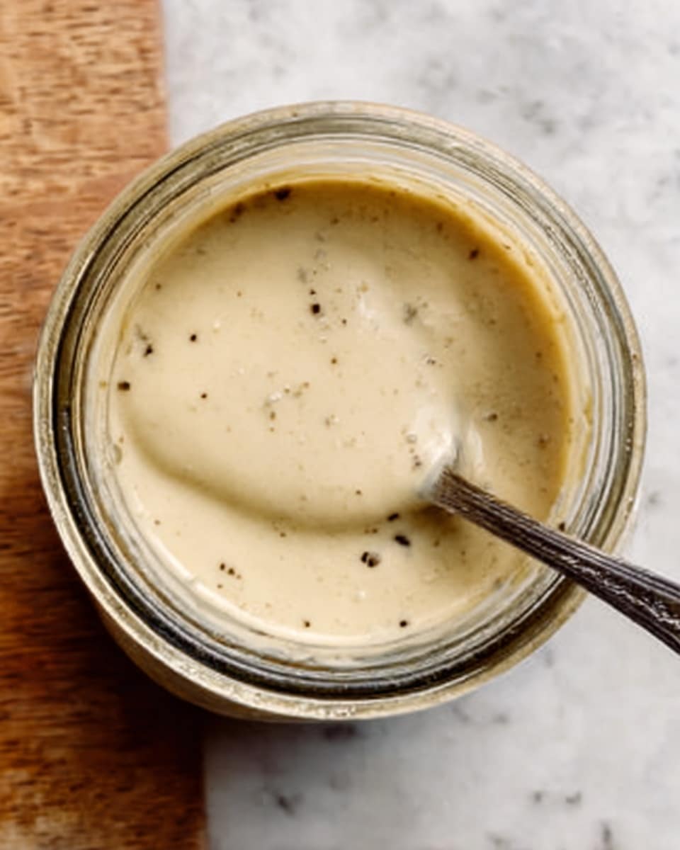 The image shows a clear glass jar filled to the top with a thick, creamy white mixture that has a slightly grainy and smooth texture. The jar is placed on a wooden cutting board with two metal spoons nearby, all set against a white marbled surface. In the background, there is a white and grey checkered cloth and a small green broccoli, slightly blurred. photo taken with an iphone --ar 4:5 --v 7