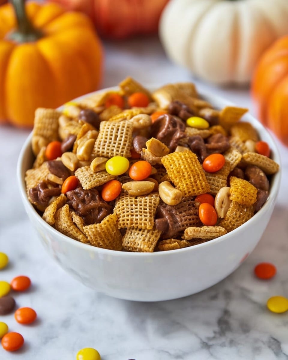 A white bowl filled with a mix of crunchy snack pieces and colorful candy-coated chocolates sits on a white marbled surface. The snack mix includes triangular, ridged, golden-brown chips, round, light brown pretzel pieces with a glossy texture, and flat lattice-shaped brown snacks. Bright orange, yellow, and dark brown candy-coated chocolates are mixed throughout, adding bursts of color. Scattered around the bowl on the white marbled surface are more pieces of the snack mix and candy. In the soft blurred background, small orange and white pumpkins are placed to create a cozy autumn feel. Photo taken with an iphone --ar 4:5 --v 7