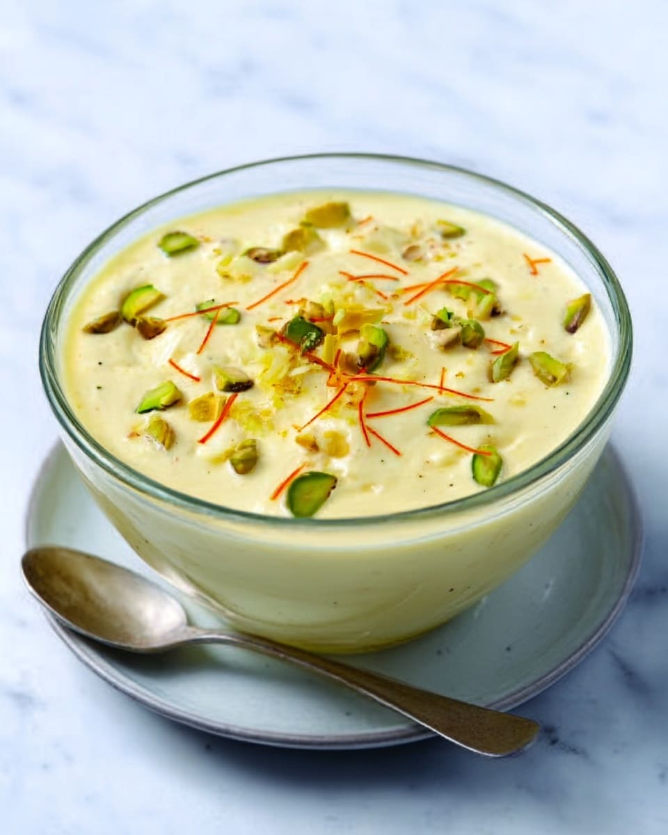 The image shows a clear glass bowl filled with a creamy, pale yellow dessert that looks smooth and soft. On top, there are thin green pistachio slices and a few long thin orange strands, evenly spread out across the surface. The bowl sits on a white plate, and everything is set on a white marbled surface. The dessert looks rich and inviting, with a gentle shine on the cream. Photo taken with an iphone --ar 4:5 --v 7
