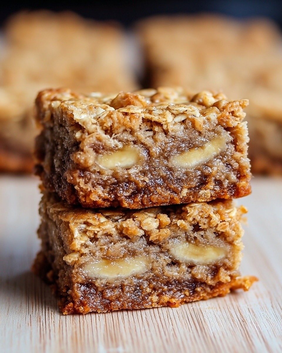 The image shows two stacked oatmeal bars with visible banana slices inside. The bars have a golden-brown color, with a crumbly oat texture on top and a moist, dense filling inside showing pieces of banana. The bottom of the bars is slightly darker and crispy, adding contrast to the softer layers above. The bars are placed on a light wooden surface with a blurred background of more bars. The focus is close-up and sharp on the front bars. photo taken with an iphone --ar 4:5 --v 7