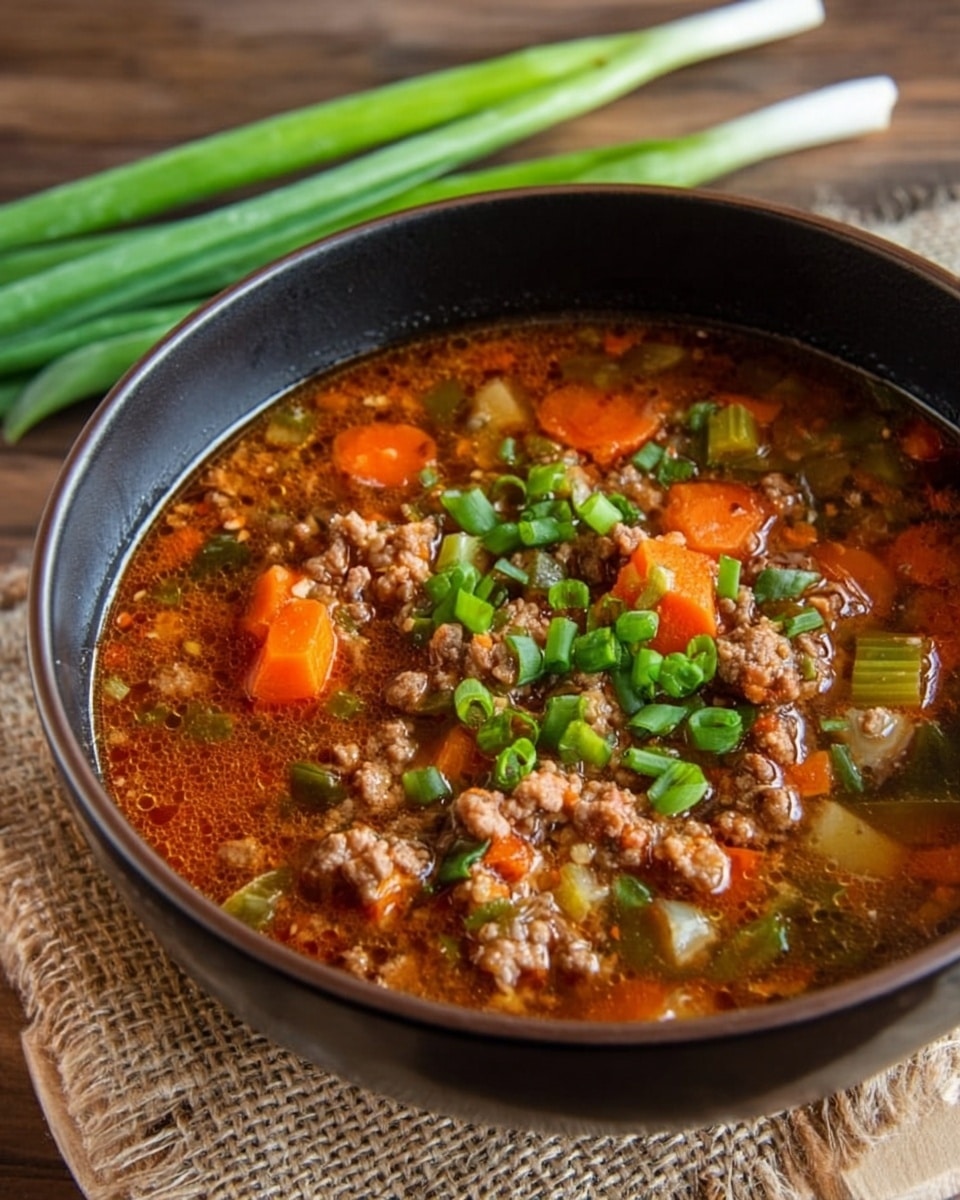 A close-up image of a black bowl filled with thick, chunky soup on a white marbled surface. The soup has three main visible layers: the top layer is garnished with fresh green onion slices, bright and crisp; underneath, there are uneven pieces of cooked ground meat with a light brown color and a crumbly texture; mixed throughout the soup are bright orange carrot slices with a soft texture and light green celery pieces adding a crunchy look. The broth is a rich, slightly oily orange-red color, surrounding the solid ingredients and filling the bowl to almost the top. Some herbs and small bits of tomato add hints of red and green for extra color contrast. photo taken with an iphone --ar 4:5 --v 7