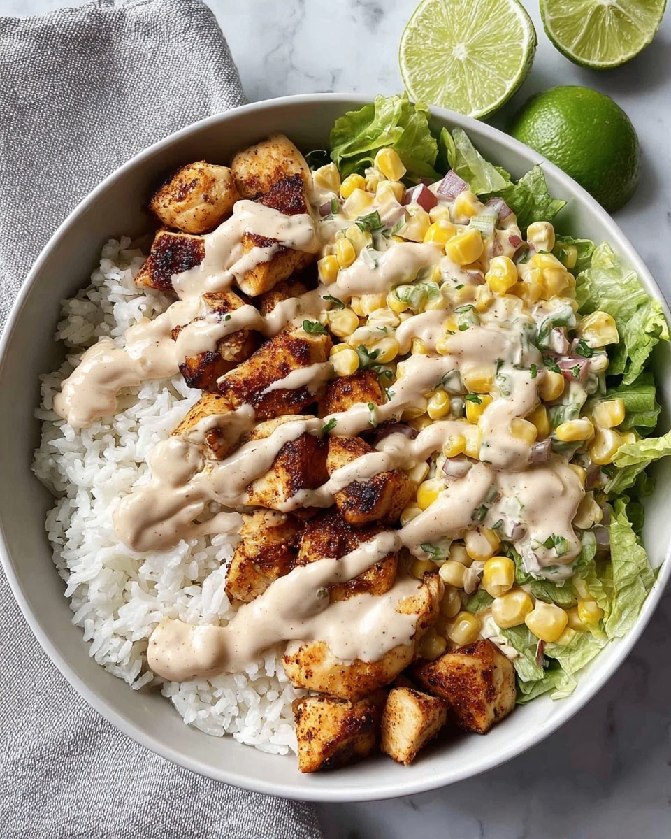 A white round bowl on a white marbled surface holds a layered dish with three main parts: on the left is fluffy white rice, on the right is a creamy corn salad with yellow corn kernels mixed with small bits of red and green herbs, and at the center are golden-brown grilled chicken pieces, garnished with chopped green herbs. Fresh green lettuce leaves are placed beneath the chicken on the bottom right. The entire dish is drizzled with a light beige creamy sauce that flows over all the layers. Two slices of fresh lime rest in the top right corner, adding a fresh touch. Photo taken with an iphone --ar 4:5 --v 7