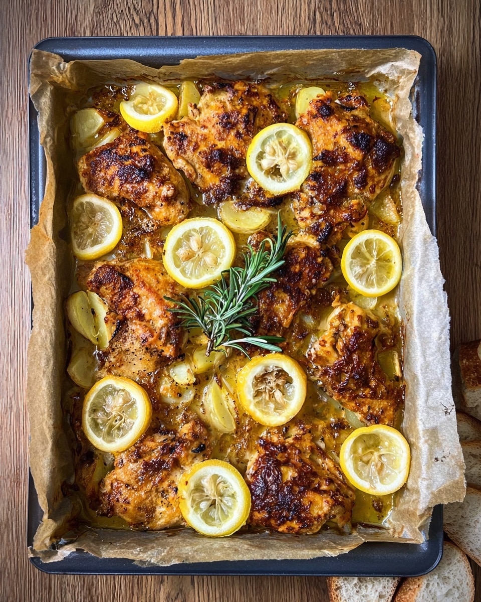 A baking tray lined with parchment paper holds a dish with two main layers: the bottom layer is sliced, pale yellow potatoes partly visible under the top layer, which is a golden-brown, crispy chicken with unevenly charred spots. The chicken pieces are spread across the tray, and on top, there are several thin lemon slices and a small sprig of fresh green rosemary placed near the center. The tray sits on a wooden surface, and a few pieces of bread are visible at the bottom right corner. photo taken with an iphone --ar 4:5 --v 7