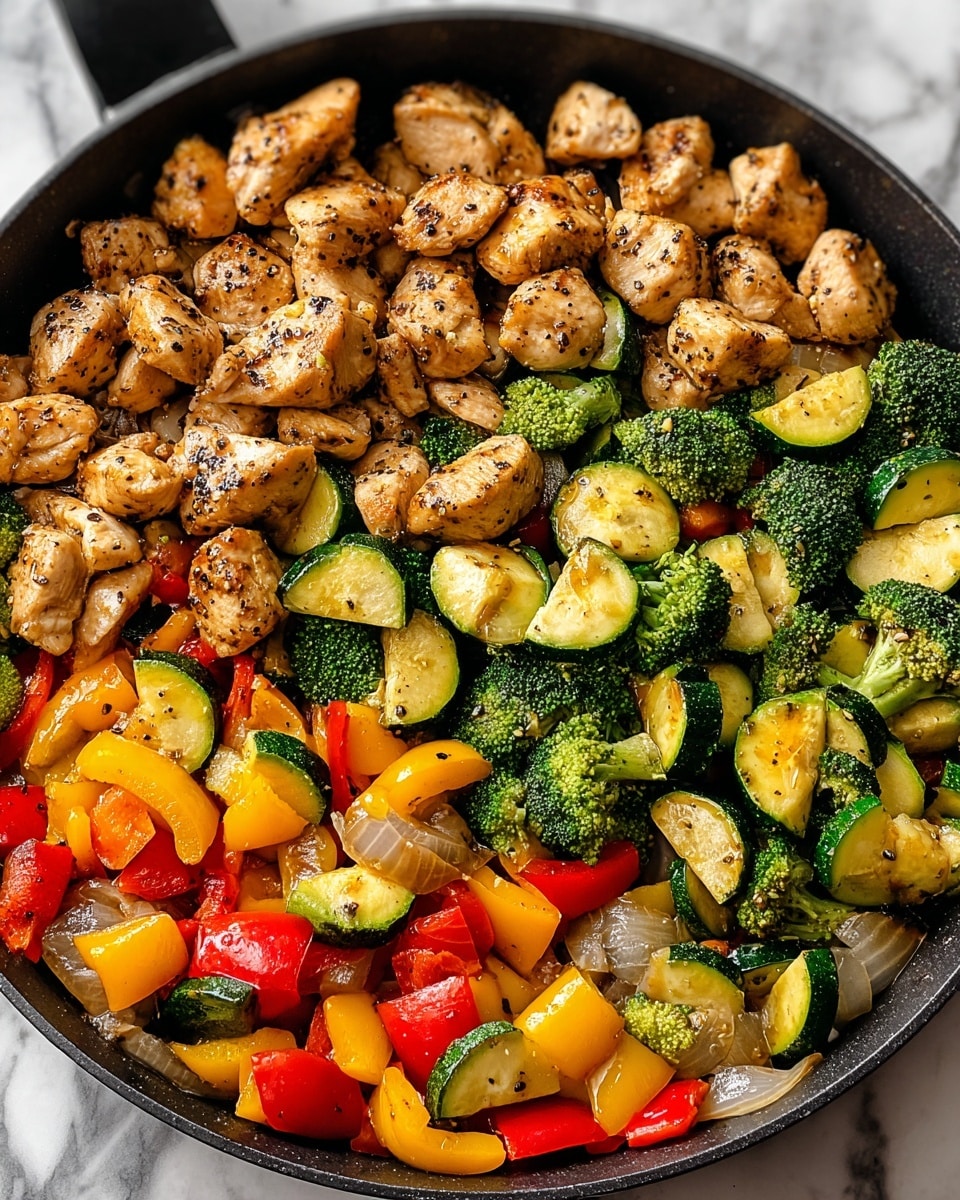 A black pan filled with a colorful stir-fry, showing three main layers evenly mixed together: the top layer has light brown grilled chicken pieces with black pepper specks, the middle layer features bright green broccoli florets and dark green zucchini slices with a slight glistening from cooking oil, and the bottom layer contains chunks of red and yellow bell peppers and translucent cooked onion pieces, all placed on a white marbled surface. photo taken with an iphone --ar 4:5 --v 7
