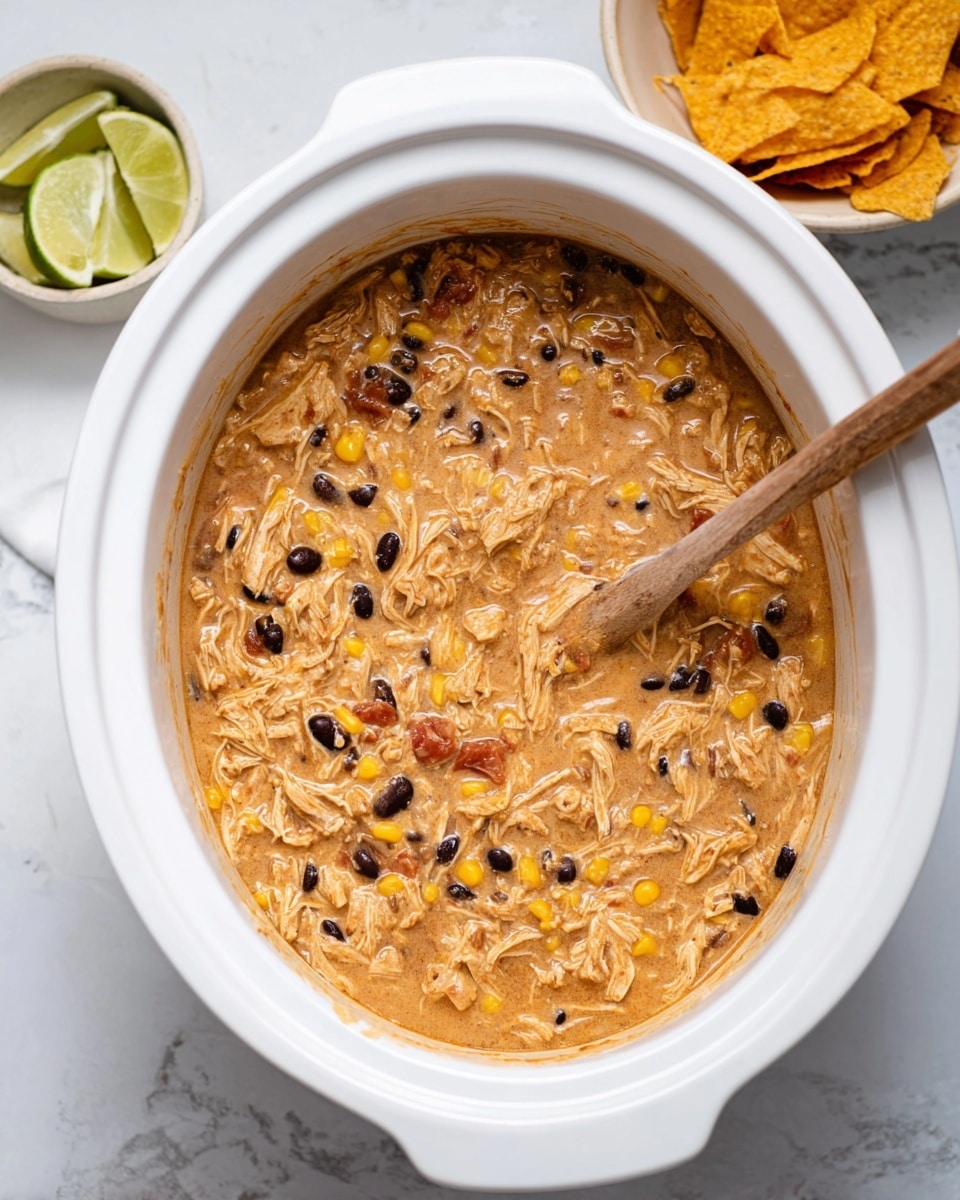 Two white bowls filled with creamy chicken chili with visible black beans, corn kernels, and shredded chicken, each bowl topped with crispy yellow tortilla strips and a fresh green lime wedge; the bowls rest on textured blue ceramic plates, with one bowl holding a gold spoon partially dipped into the chili; to the left, there is a small white bowl filled with more crispy tortilla strips and a clear glass of water with lime slices, all set on a white marbled surface photo taken with an iphone --ar 4:5 --v 7