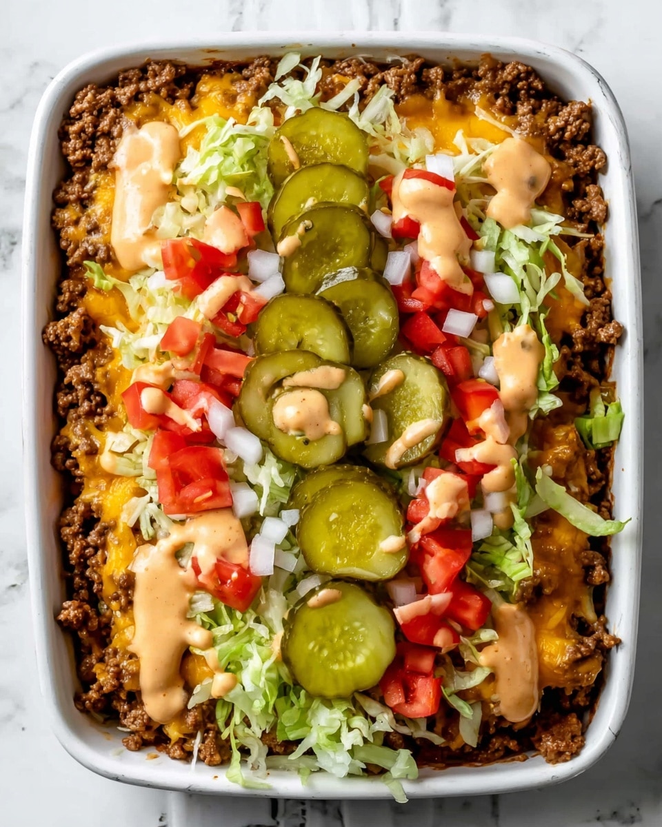 A white square baking dish holds a layered casserole starting with browned ground beef mixed with melted orange cheddar cheese at the bottom, topped with a light pink creamy sauce drizzled unevenly. In the center, there is a fresh mix of shredded light green lettuce, diced red tomatoes, and small white onion pieces, with five bright green pickle slices placed neatly on top. The dish rests on a white marbled surface with small bowls of sauce and onions around it. photo taken with an iphone --ar 4:5 --v 7