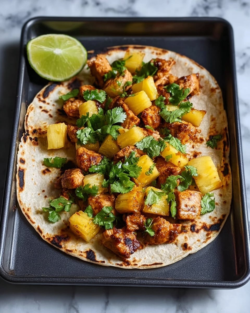 The image shows a single soft taco resting in a dark rectangular tray placed on a white marbled surface. The taco has a light brown grilled tortilla base with a slightly charred texture. On top, there are small pieces of cooked chicken with a browned, slightly crispy exterior. Bright yellow pineapple chunks are scattered mixed with the chicken, adding vibrant color. Green cilantro leaves are sprinkled generously over the chicken and pineapple, adding a fresh look. A sliced lime with a light green interior is placed in the corner of the tray, completing the presentation. Photo taken with an iphone --ar 4:5 --v 7