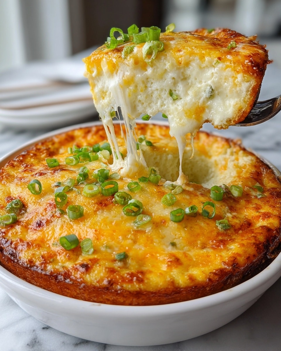 A close-up of a white round dish filled with a baked cheesy casserole, showing two layers: the bottom layer is soft and creamy with a light yellow color and fluffy texture, the top layer is a golden brown melted cheese crust with some lightly crispy edges and green onion slices sprinkled evenly on top; a piece of the casserole is being lifted by a woman's hand, revealing stretchy melted cheese strands between the lifted piece and the dish, all set against a white marbled texture surface in soft natural light, photo taken with an iphone --ar 4:5 --v 7