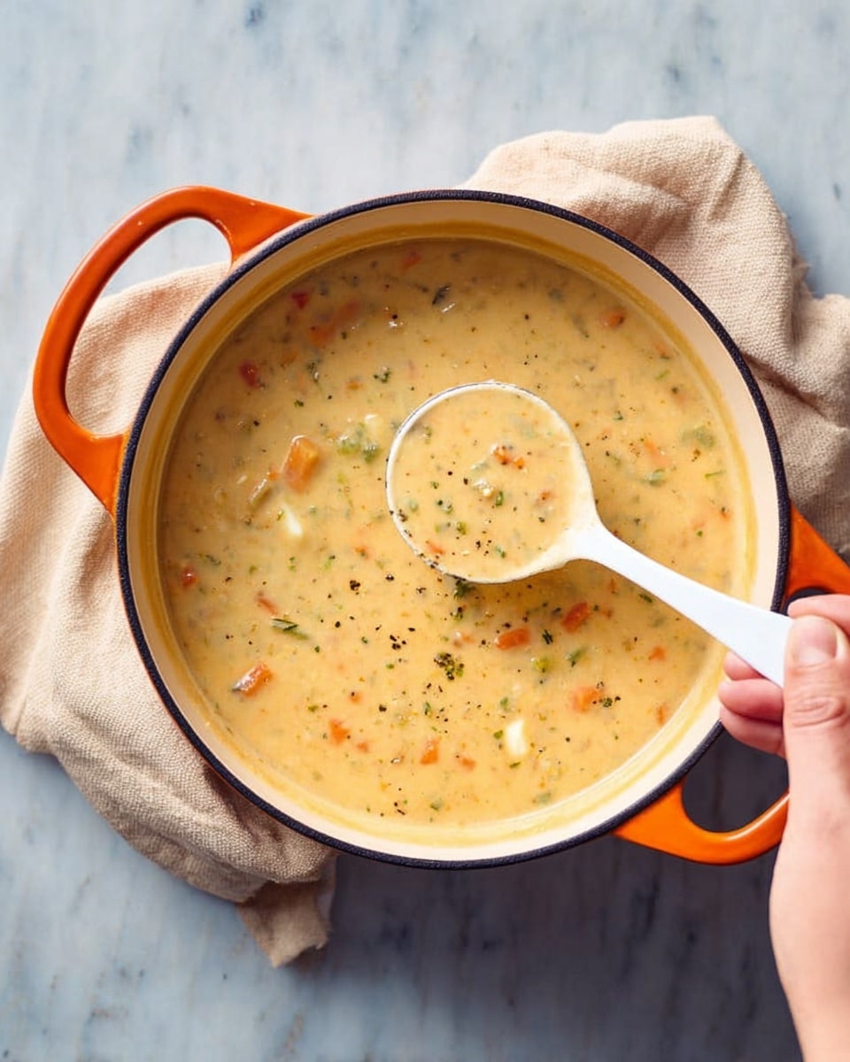 The image shows two white bowls filled with creamy soup that has a mix of small pieces of ground meat, diced potatoes, and thin carrot slices, garnished with chopped green onions scattered on top. Each bowl has two crispy golden brown onion rings resting on the soup surface, adding a crunchy texture contrast. A spoon is placed inside the bowl on the right, partially submerged in the soup. Nearby, a small white plate holds extra chopped green onions against a white marbled background, with a dark purple napkin partially under the bowls. Photo taken with an iphone --ar 4:5 --v 7