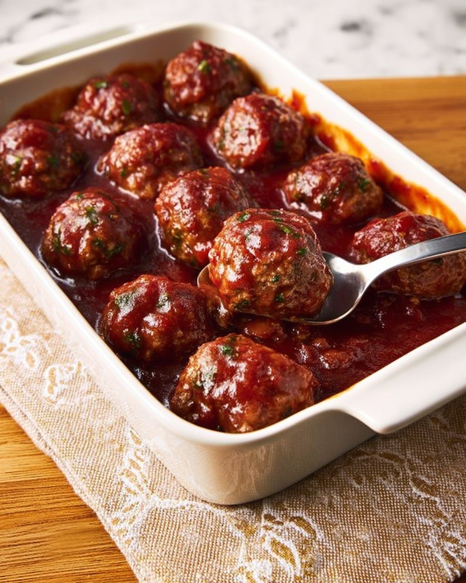 The image shows a white rectangular baking dish filled with around twelve shiny meatballs covered in a rich red sauce. The meatballs have a slightly textured surface, and some green herb bits are visible inside them. A silver spoon rests in the dish scooping two meatballs. Next to the dish, on a small white round plate, there are two meatballs each held together by a small wooden skewer, also covered in the same red sauce. The dish and plate are placed on a beige woven cloth on a wooden patterned surface, changed in the description to a white marbled texture. photo taken with an iphone --ar 4:5 --v 7