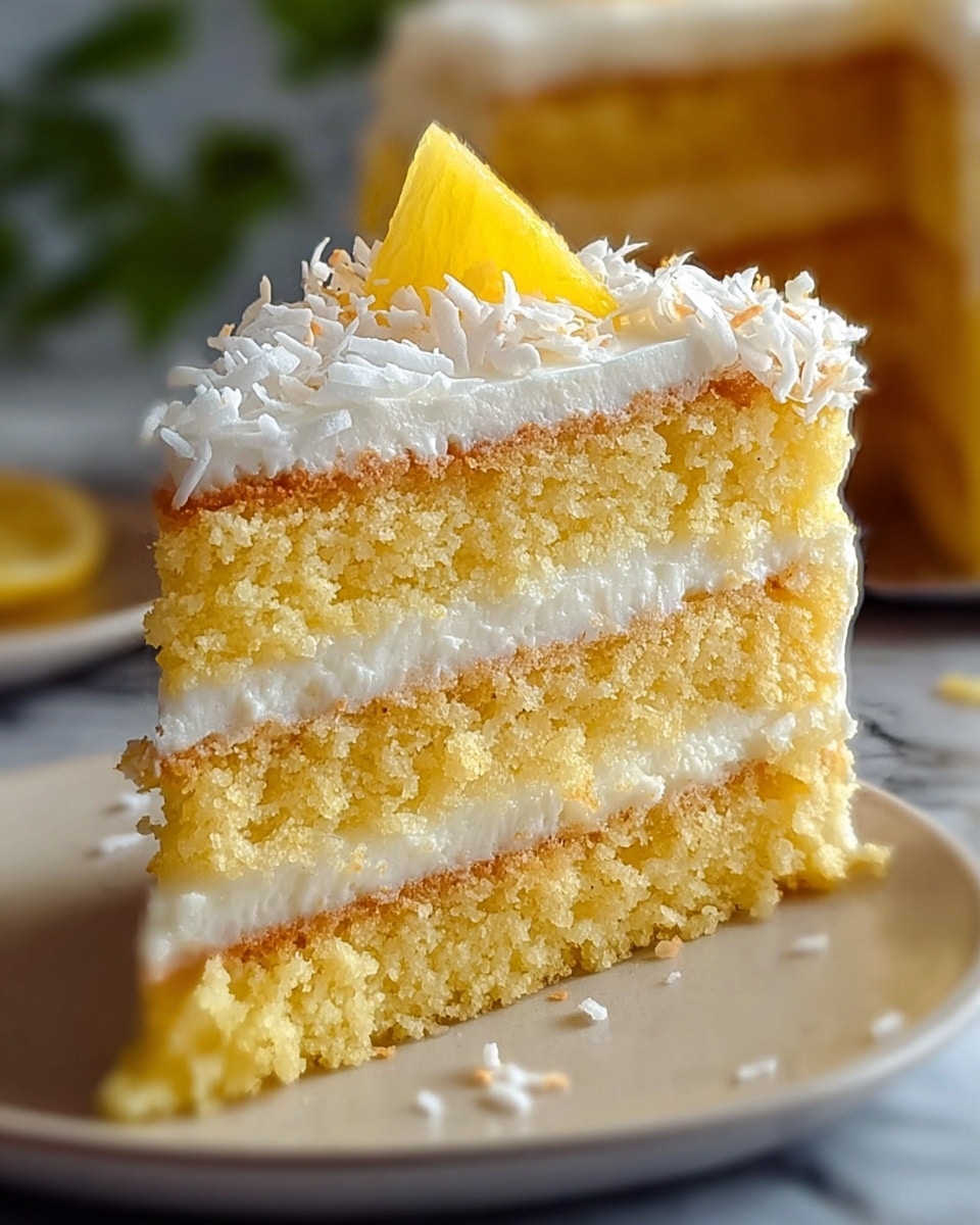 A two-layer yellow cake sits on a white cake stand with smooth white icing dripping down the sides. The top layer is covered with a glossy white glaze and decorated with pineapple slices arranged in a circle around the edge. In the center of the cake is a heap of finely shredded pale yellow topping. A large slice is cut out, showing the soft, moist yellow cake inside. The background has a white marbled texture with whole pineapples and a lemon blurred in the distance. Photo taken with an iphone --ar 4:5 --v 7