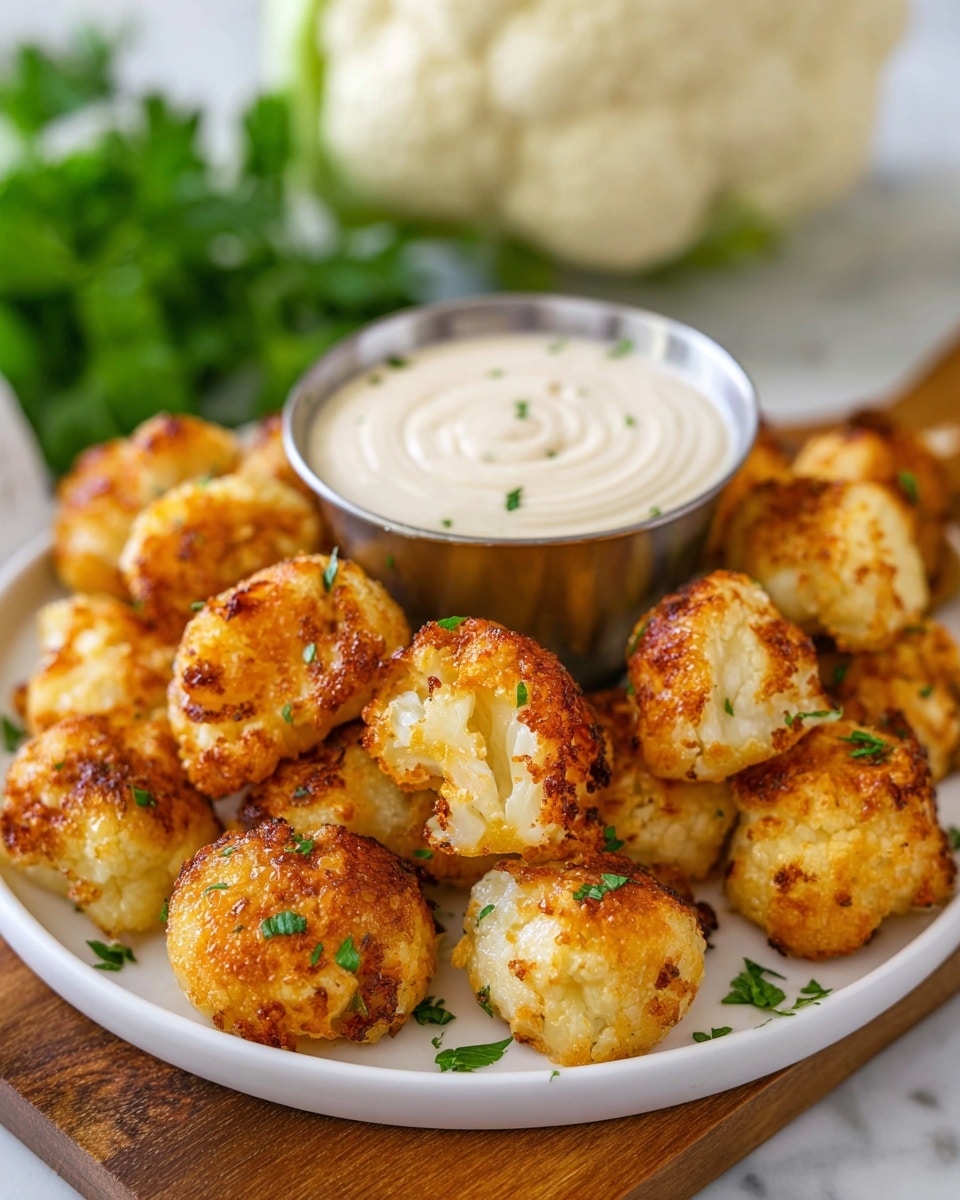 A white plate filled with about fifteen small, round, golden-brown cauliflower bites, each with a crunchy textured outside that shows some bits of more white cauliflower inside. The bites are sprinkled with small green parsley leaves scattered evenly on and around them. Behind the bites, near the center of the plate, there is a round silver metal cup filled with creamy white dipping sauce with a smooth, swirled surface. In the background, slightly out of focus, there is a large white cauliflower head and some green leafy herbs. The plate is set on a wooden board on top of a white marbled surface. photo taken with an iphone --ar 4:5 --v 7