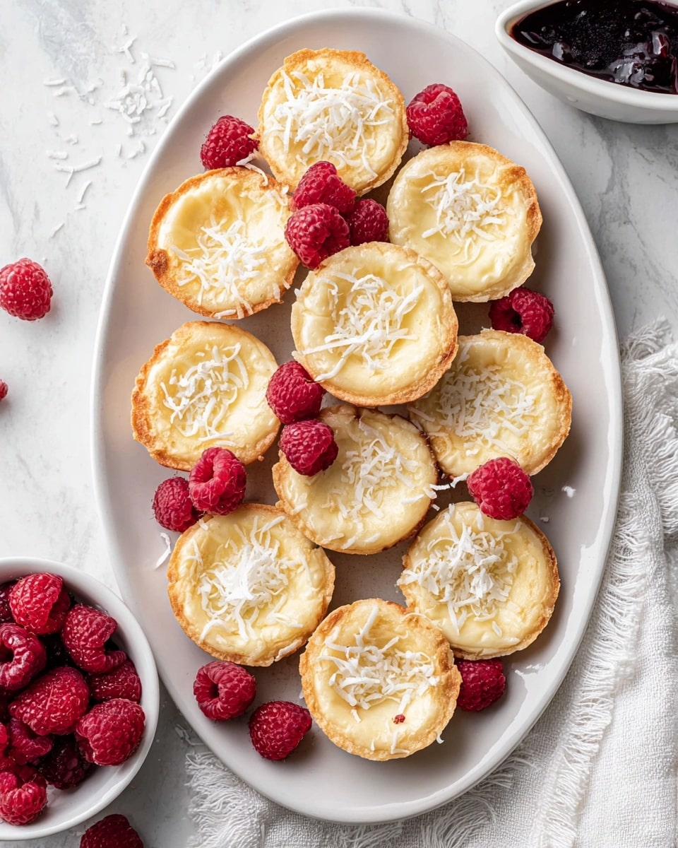 The image shows a white plate filled with eleven small, round, golden-brown mini cheesecakes, each topped with shredded coconut that adds a white, flaky texture across all. Interspersed between the cheesecakes are bright red raspberries, some resting on top and others around the edges of the plate. The cheesecakes have a slightly browned, smooth surface with crinkled edges that show a soft, creamy interior. In the background, there is a white bowl filled with more raspberries and a white jug with dark berry sauce, all placed on a white marbled surface. photo taken with an iphone --ar 4:5 --v 7