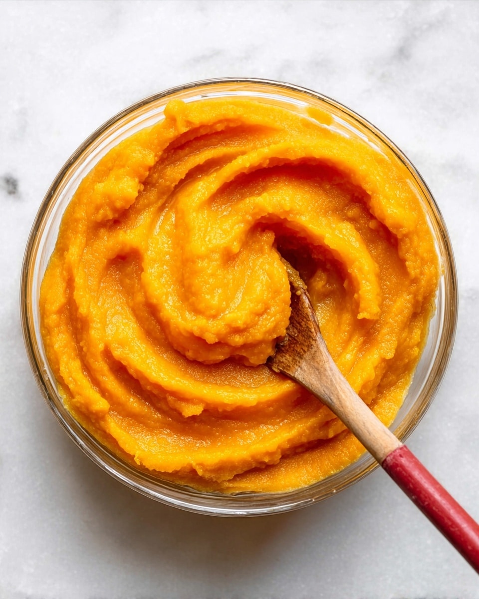 A clear glass bowl filled with smooth, bright orange mashed sweet potatoes with a slightly glossy texture, showing soft swirls in the center made by a wooden spoon with a red tip. The bowl is placed on a white marbled surface, and the wooden spoon is partially inside the bowl with its handle resting on the edge. Photo taken with an iphone --ar 4:5 --v 7