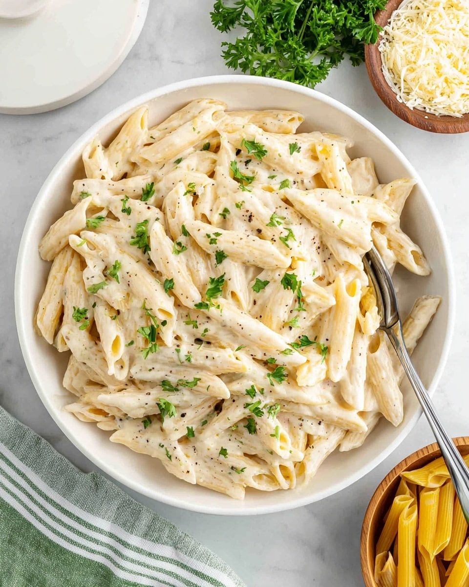 A white bowl filled with two layers of creamy white penne pasta coated in a rich sauce, sprinkled with small green parsley pieces on top, with a silver fork placed inside the bowl on the right side; around the bowl, dry yellow penne pasta in a white mug on the upper left, some loose pieces scattered nearby, fresh green parsley bunch on the upper right, a small wooden bowl of grated cheese on the lower right, and a white butter dish on the lower left resting on a green and white striped cloth, all set on a white marbled surface. photo taken with an iphone --ar 4:5 --v 7