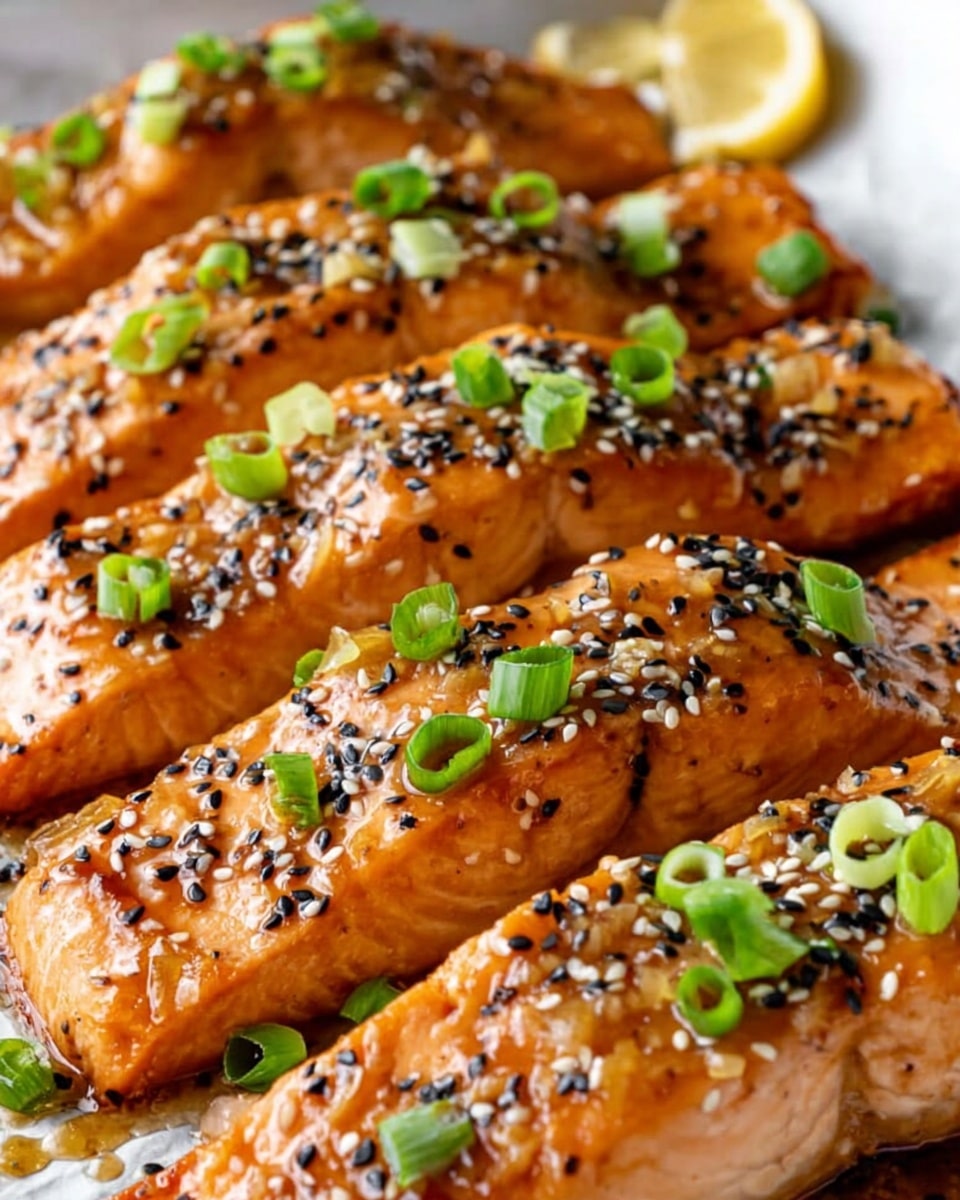 A close-up image shows several cooked salmon fillets arranged side by side on a white marbled textured surface. Each salmon fillet has a shiny, glazed orange-brown appearance with a slightly crispy texture. The fillets are topped with small black and white sesame seeds scattered evenly across the surface. Bright green pieces of chopped scallions are sprinkled generously on top, adding a fresh look. One fillet near the center has a thin lemon wedge resting on it for garnish. The glaze on the salmon reflects light, enhancing the appetizing shine of the dish. photo taken with an iphone --ar 4:5 --v 7