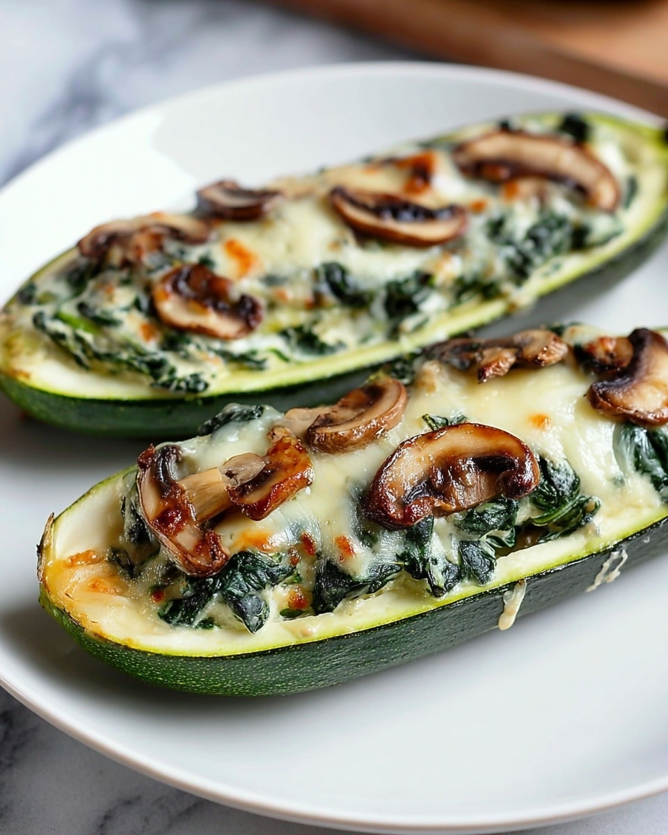 Two zucchini halves are hollowed out and filled with layers on a white plate. The bottom layer is pale and smooth, likely a creamy sauce. Above this, there is a thick layer of cooked green spinach mixed with some cheese. On top, browned slices of mushrooms evenly cover each zucchini half. The melted cheese covers the filling, slightly bubbly and golden in some spots, blending the ingredients together. The plate rests on a white marbled surface, with the zucchini halves positioned diagonally. Photo taken with an iphone --ar 4:5 --v 7