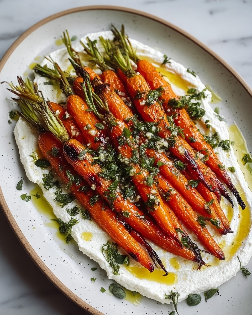 A white speckled oval plate holds a layer of creamy white spread with a smooth and slightly whipped texture, covering the whole base of the plate. On top, there is a tight, neat pile of bright orange roasted baby carrots with slightly charred skins, arranged side by side, their green tops still attached and laid outward. The carrots glisten with a light golden oil drizzle, and small pieces of green fresh herbs and minced garlic are scattered on top and around them, adding texture and color contrast. The plate sits on a white marbled surface. Photo taken with an iphone --ar 4:5 --v 7