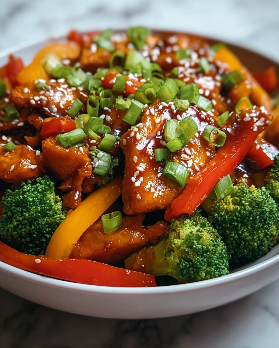 A white bowl filled with three visible layers: the bottom layer is white, fluffy rice with a soft texture; the middle layer has bright green broccoli pieces and long slices of red bell pepper, creating a fresh and colorful mix; the top layer is made up of small, glossy, brown-glazed chicken pieces coated in a shiny sauce, sprinkled with white sesame seeds and finely chopped green onions scattered all over. The bowl sits on a white marbled surface. Photo taken with an iphone --ar 4:5 --v 7