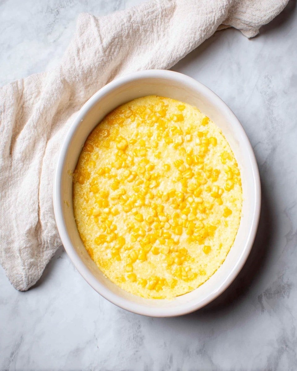 An oval white bowl filled with creamy yellow corn pudding that has a slightly uneven texture with visible whole corn kernels spread throughout, giving it a grainy look. The bowl is placed on a smooth white marbled surface with a light beige cloth folded casually in the upper left corner. The corn pudding appears soft and moist with a subtle shine on the surface from the cream. photo taken with an iphone --ar 4:5 --v 7
